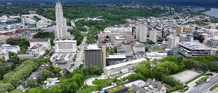 Aerial view of PItt campus looking down from hilltop