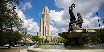 Frick fountain with Cathedral of learning in background